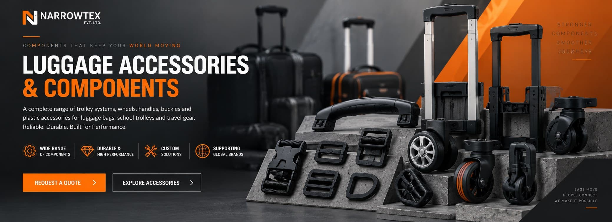 Luggage accessories and components — trolley systems, wheels, handles and buckles