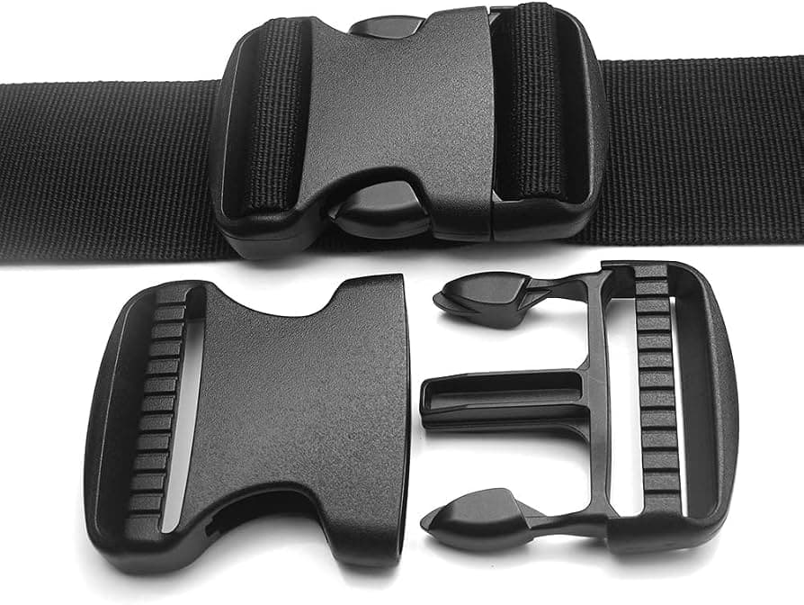 Plastic buckles and hardware components arranged on a table