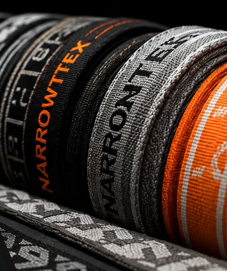 Jacquard webbing with custom woven pattern on industrial loom